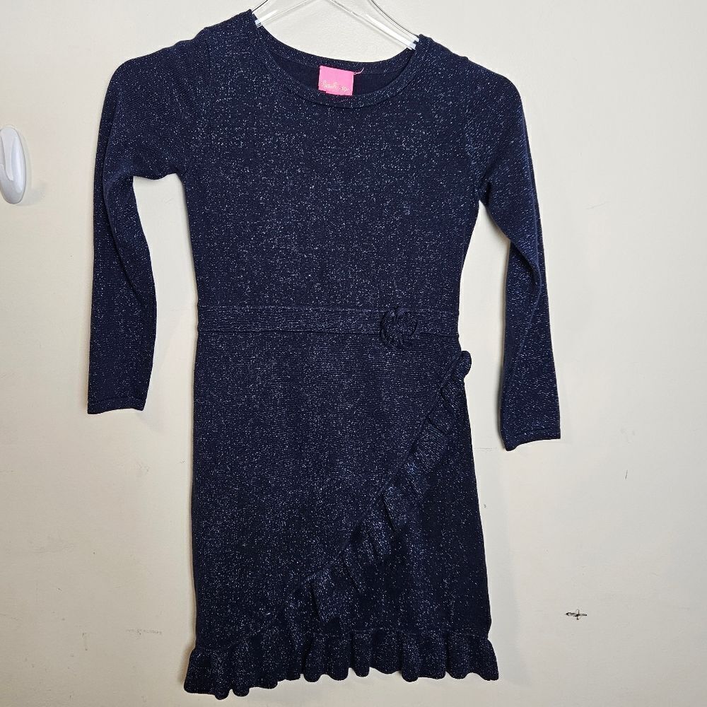Lilly Pulitzer Girls Stefani Dress Blue Glitter Long Sleeve Bow Large 8/10